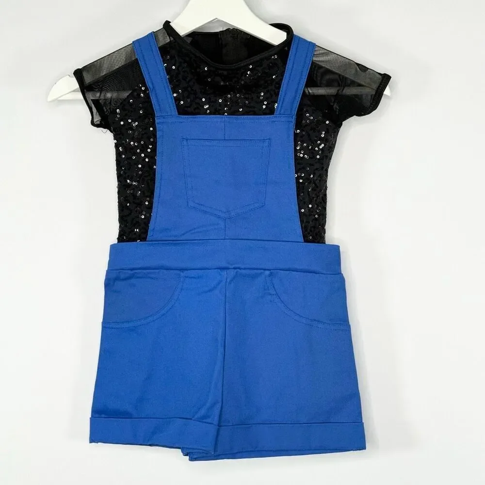Weissman Dance Wear Sequin Short Sleeve Top and Cotton Bright Blue Shortalls Set
